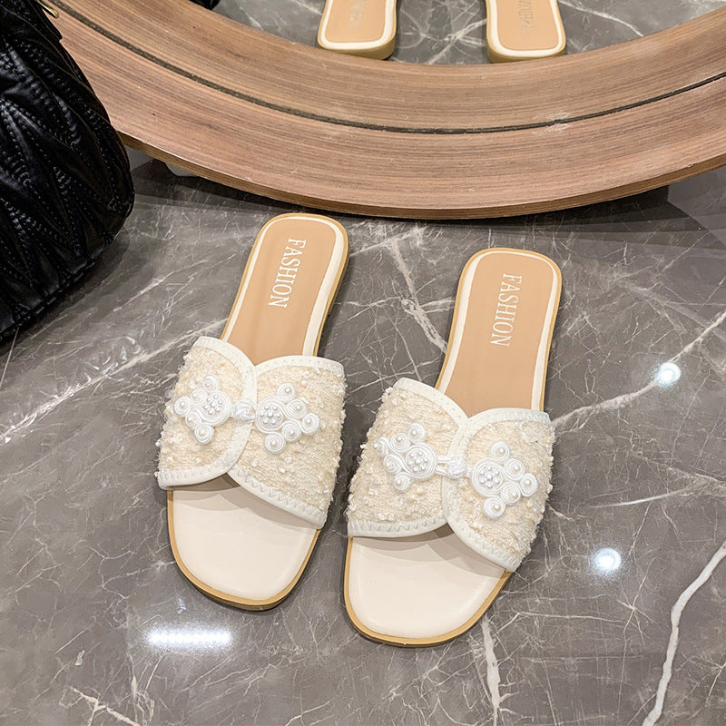 Women's elegant mule with square toe section bouclé upper material and pearl embellishment Mune Fashion