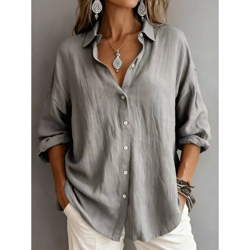 Women's Loose Linen Look Shirt with Oversized Cut and Round Hem Mune Fashion