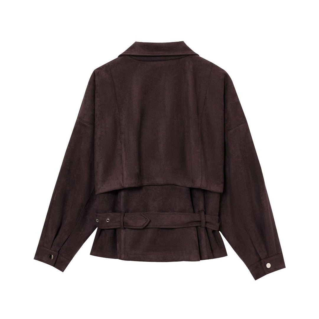 Women Short Suede Look Trench Coat with Waist Belt and Zipper Details Mune Fashion