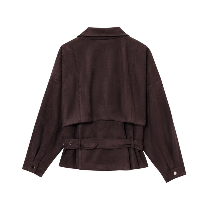 Women Short Suede Look Trench Coat with Waist Belt and Zipper Details Mune Fashion