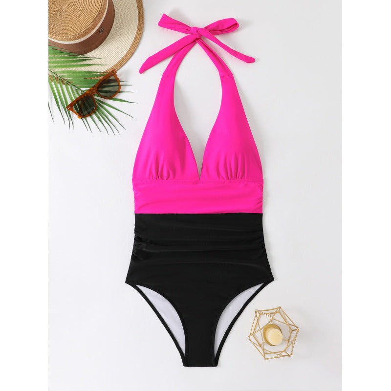 Women's One-Piece Swimsuit with Deep V-Neck and Stylish Ruching Mune Fashion