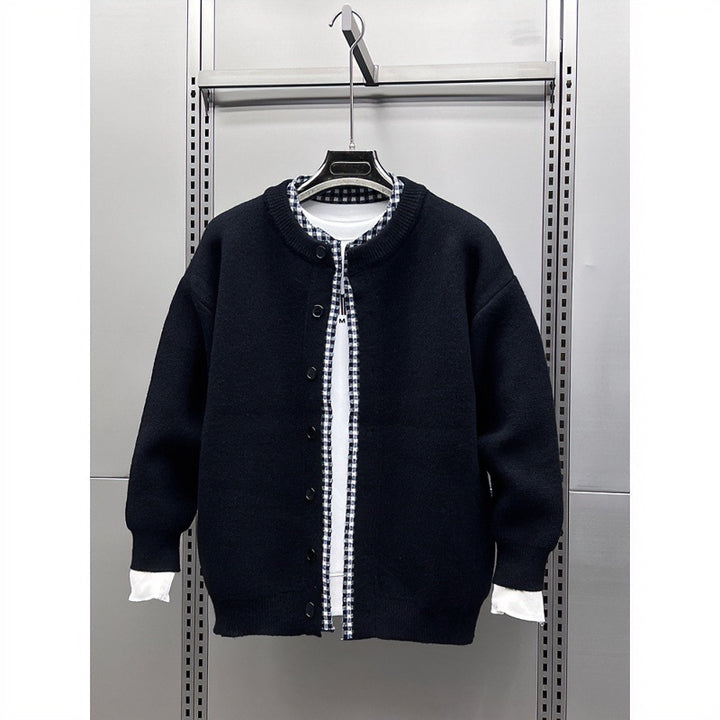 Unisex Casual Knit Jacket in Layering Look with Round Neck and Contrast Check Inner Layer Mune Fashion