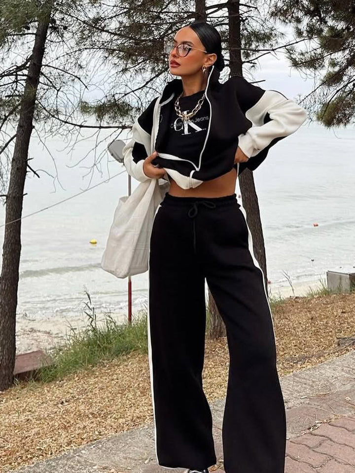Women's Multi-Part Loungewear Set with Zip Jacket and Wide Palazzo Pants Mune Fashion