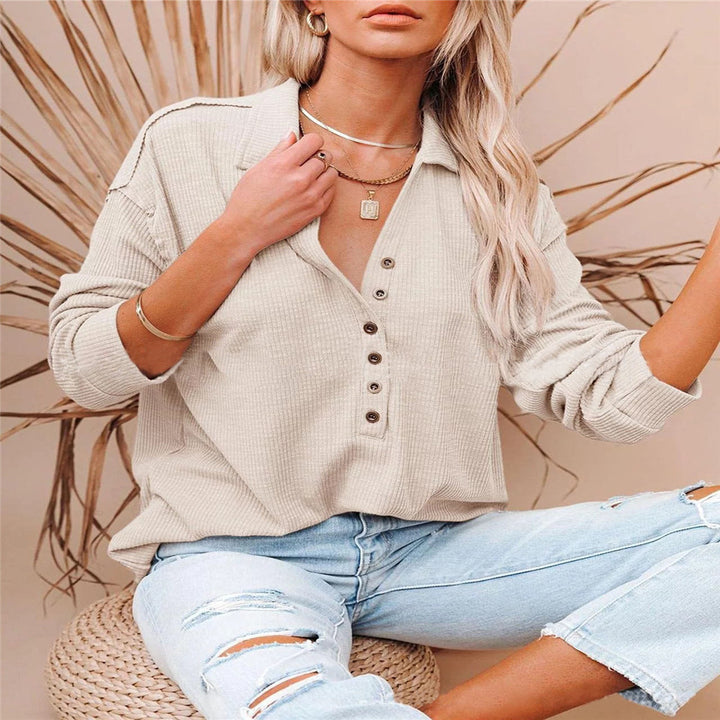 Women's casual waffle polo shirt with Henley button placket and dropped shoulder Mune Fashion