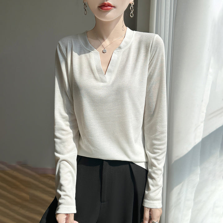 Women's Long-Sleeved Fine Knit Shirt with Slit V-Neck Mune Fashion