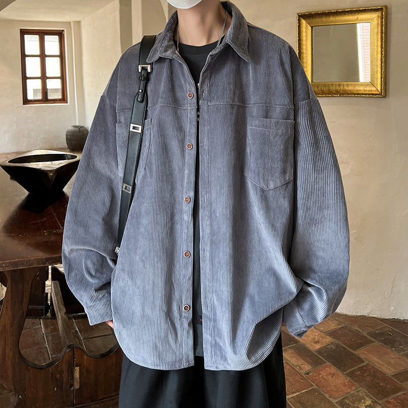 Men's oversized cord shirt jacket with stitched breast pockets, rounded hem, and loose silhouette Mune Fashion