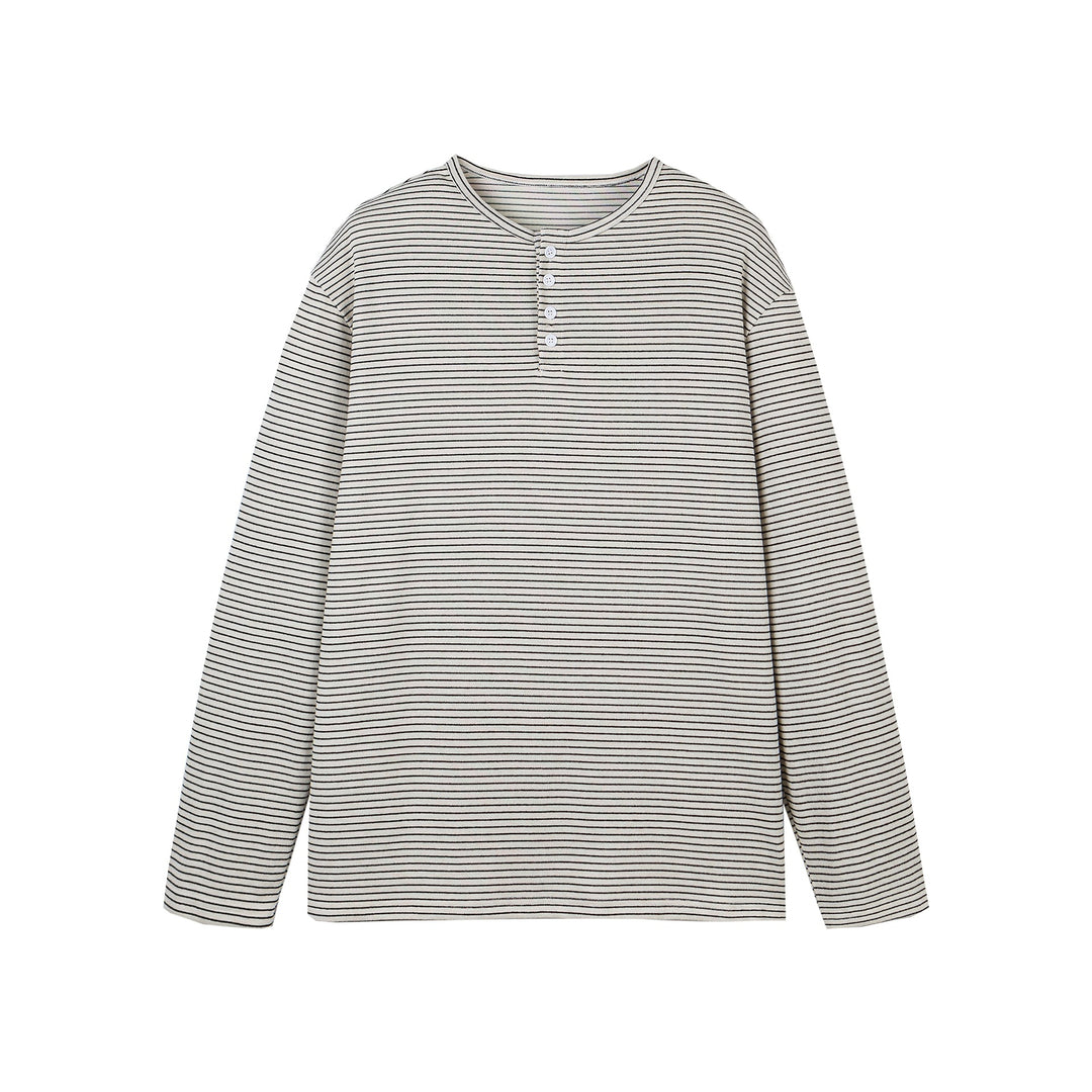 Unisex Striped Henley Long Sleeve Shirt with Button Placket and Oversized Cut Mune Fashion
