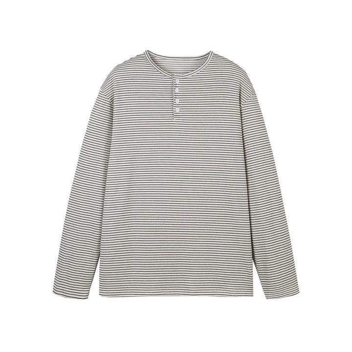 Unisex Striped Henley Long Sleeve Shirt with Button Placket and Oversized Cut Mune Fashion