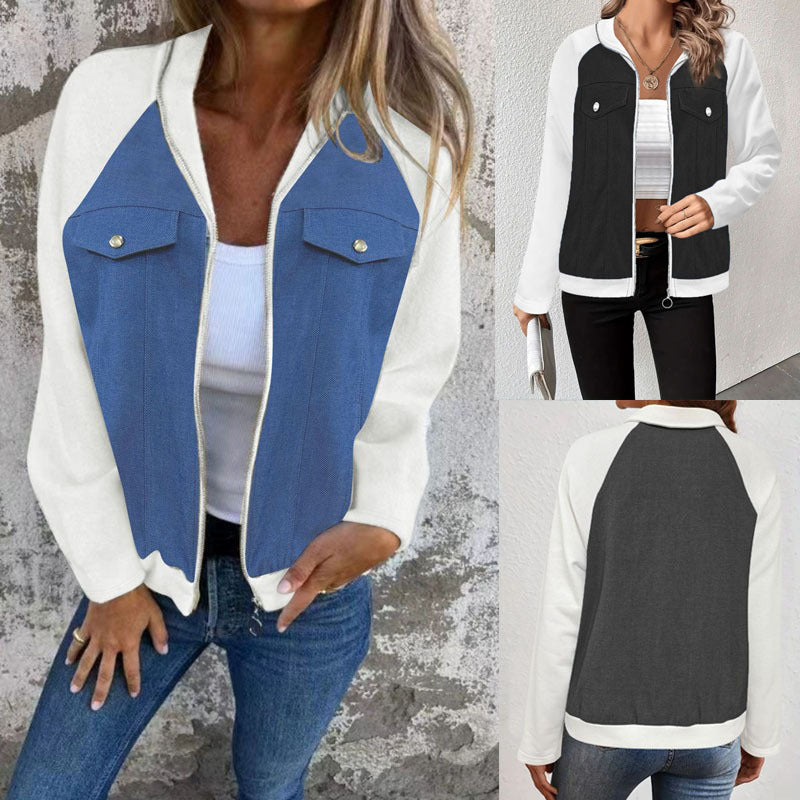 Women's Hooded Sweat Jacket with Denim Look Front, Chest Pockets and Zipper Mune Fashion