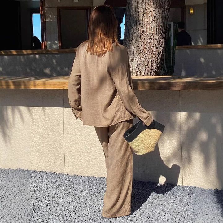 Women's relaxed linen lounge set with oversized shirt and drawstring palazzo pants Mune Fashion
