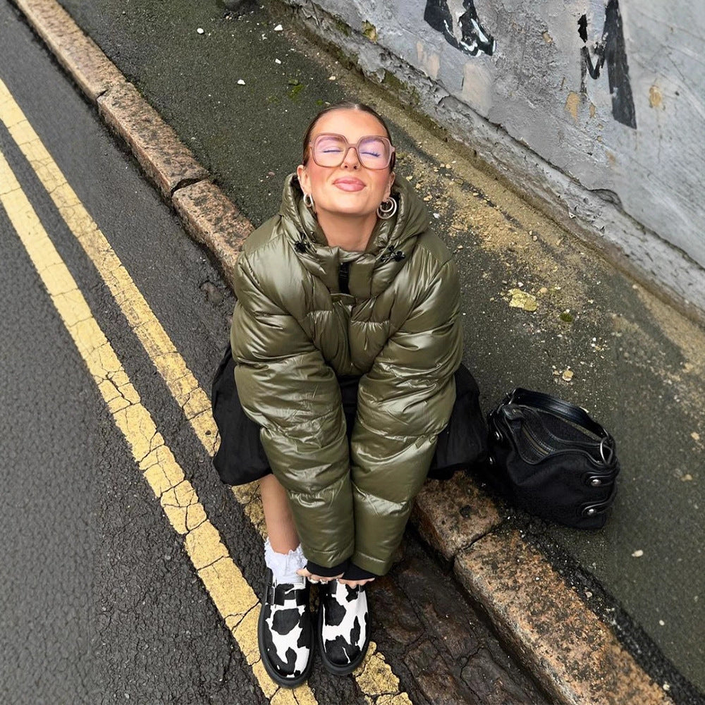Women's Short Shiny Padded Jacket with Hood and Boxy Silhouette Mune Fashion