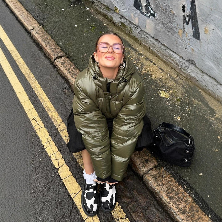 Women's Short Shiny Padded Jacket with Hood and Boxy Silhouette Mune Fashion