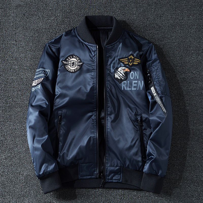 Men's  patch-detail glossy flight bomber with ribbed trims Mune Fashion