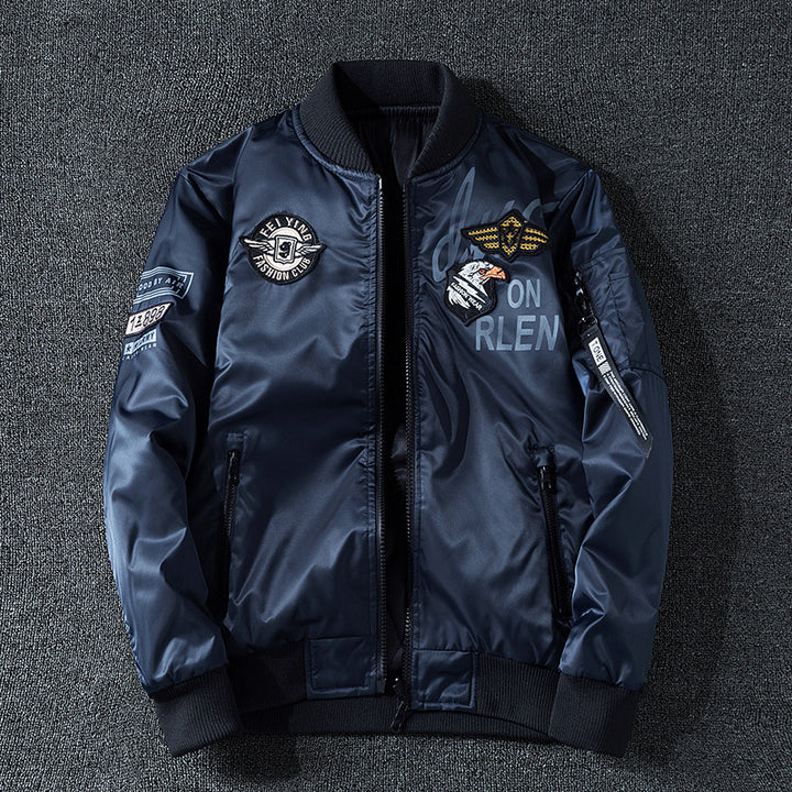 Men's  patch-detail glossy flight bomber with ribbed trims Mune Fashion