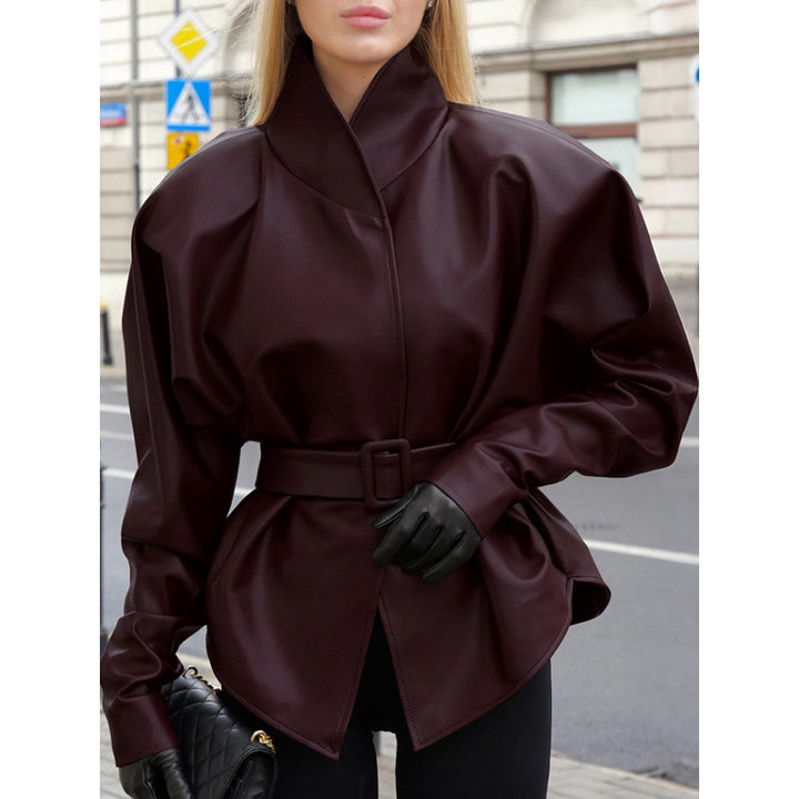 Women's leather look jacket with fitted belt and high stand-up collar Mune Fashion
