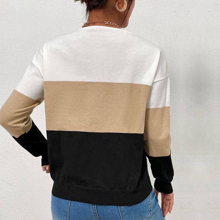 Women Elegant V-Neck Fine Knit Sweater with Wide Block Stripes Mune Fashion
