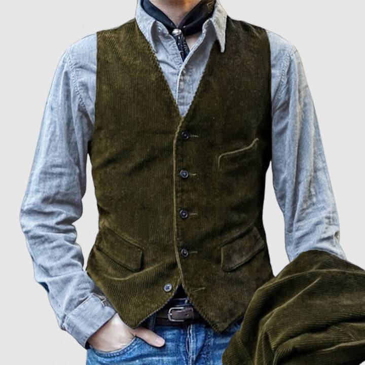 Men's cord waistcoat with V-neck, button placket, and piped patch pockets Mune Fashion