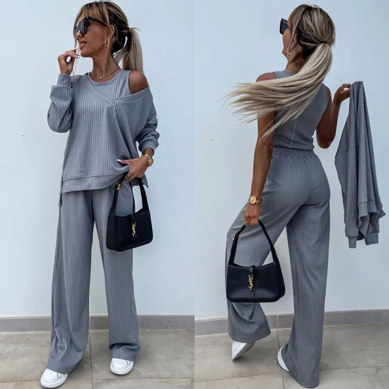 Women's elegant ribbed two-piece lounge set with one-sided off-shoulder cut and wide palazzo pant leg Mune Fashion