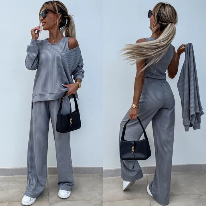 Women's elegant ribbed two-piece lounge set with one-sided off-shoulder cut and wide palazzo pant leg Mune Fashion