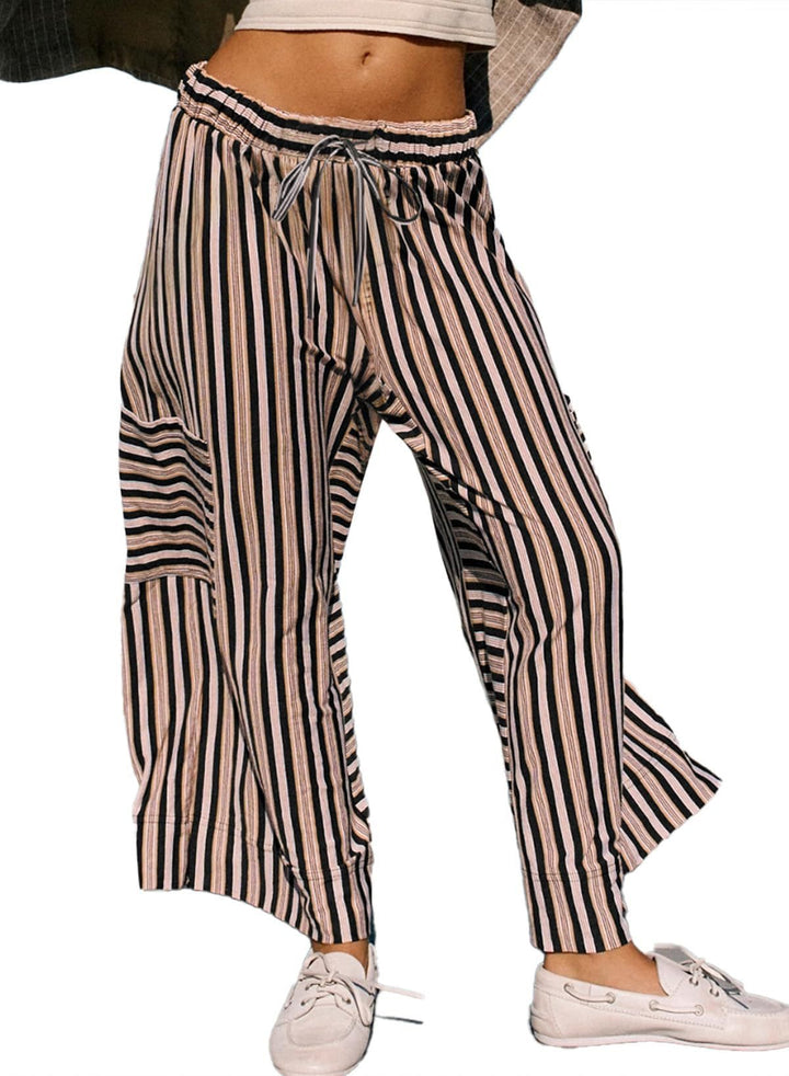 Women's Striped Wide-Leg Drawstring Waist Cropped Lounge Pants with Side Patch Pockets Mune Fashion