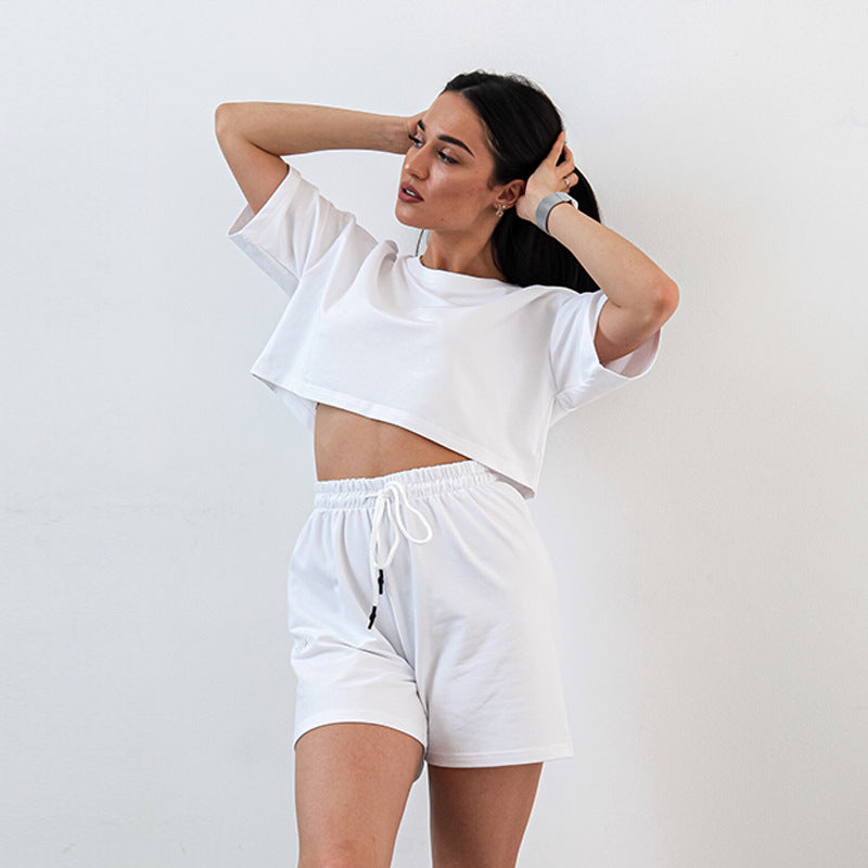 Women Two-Piece Cropped Lounge Set made of Cotton Jersey with Elastic Drawstring Shorts Mune Fashion