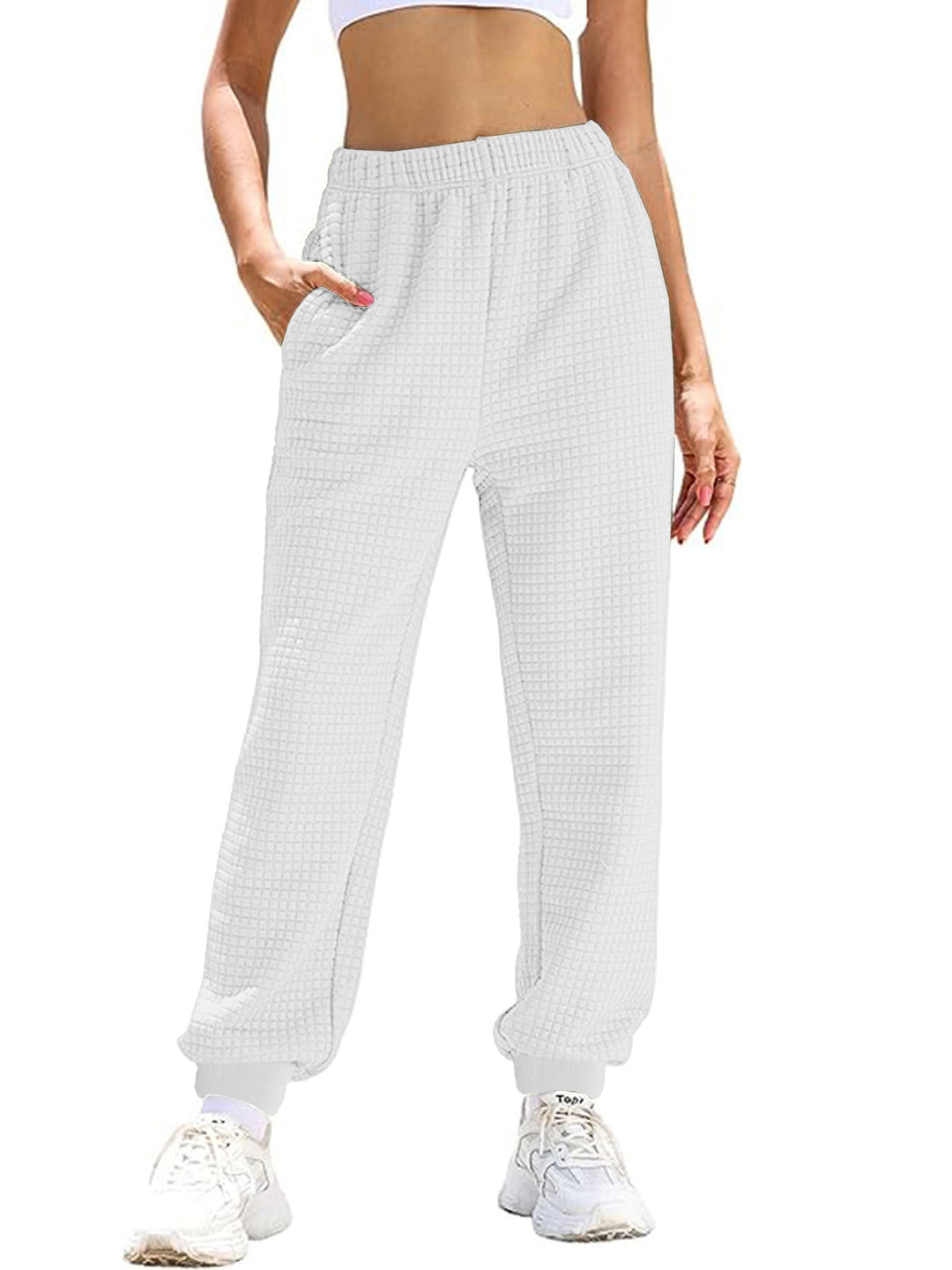 Women's Casual Waffle Knit Lounge Pants with High Elastic Waistband and Cuffs
