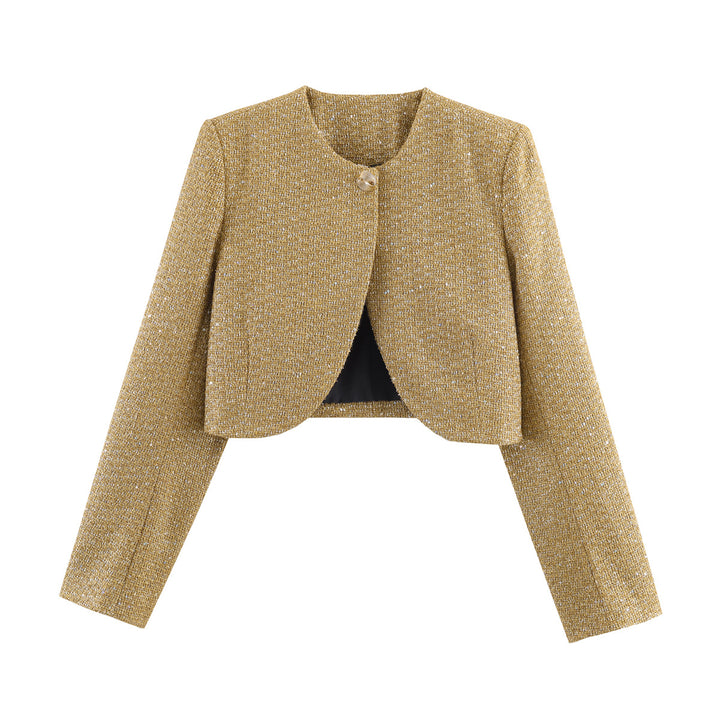 Women's Short-Cut Boucle Cropped Jacket with Round Neckline and Single Button Closure Mune Fashion