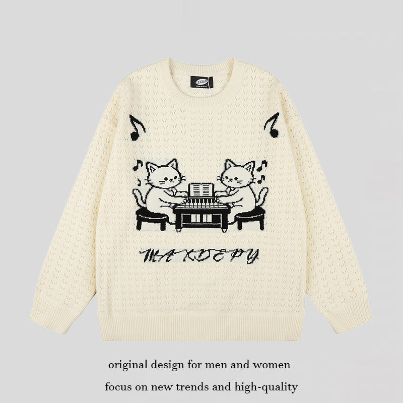 Women's Oversize Knit Sweater with Jacquard Cat Motif and Musical Design Mune Fashion