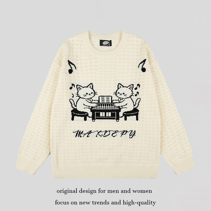 Women's Oversize Knit Sweater with Jacquard Cat Motif and Musical Design Mune Fashion