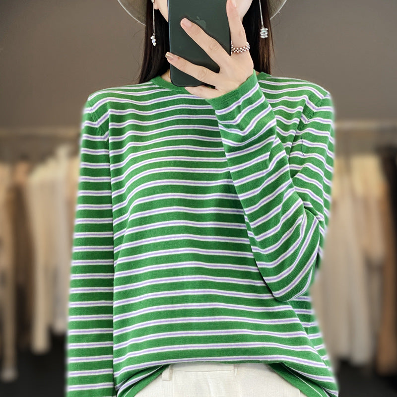 Women Light Cotton Blend Stripe Sweater with Round Neck, Raglan Sleeves and Casual Silhouette Mune Fashion
