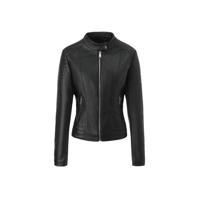 Women's Tailored Faux Leather Biker Jacket with Stand Collar and Quilted Details Mune Fashion