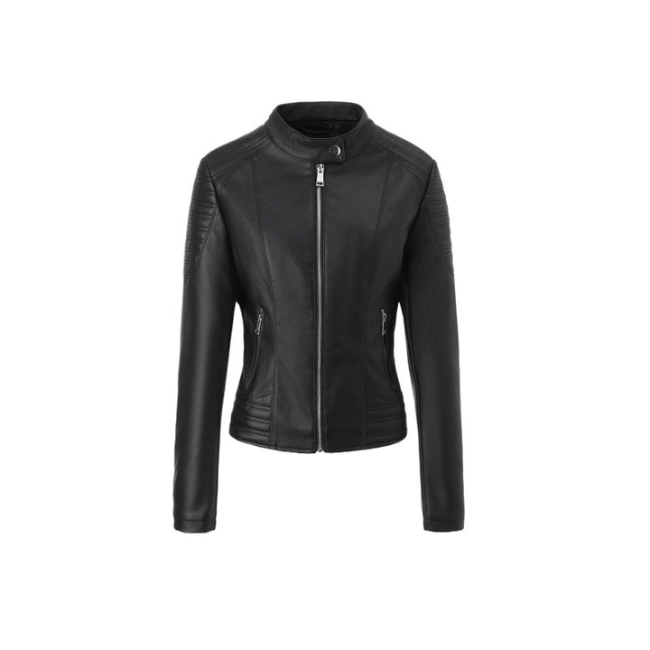 Women's Tailored Faux Leather Biker Jacket with Stand Collar and Quilted Details Mune Fashion