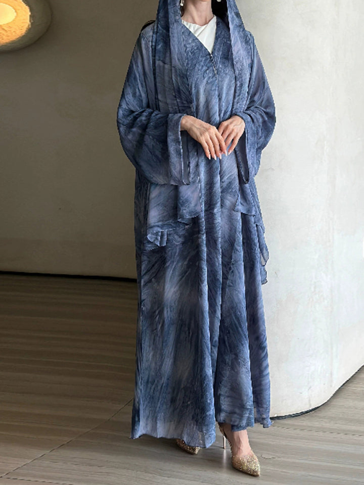 Women's long flowing hooded kaftan dress with wide sleeves and multi-layer chiffon Mune Fashion