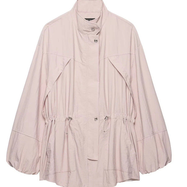 Women's Lightweight Oversized Utility Jacket with Drawstring Waist, Stand Collar and Balloon Sleeves Mune Fashion