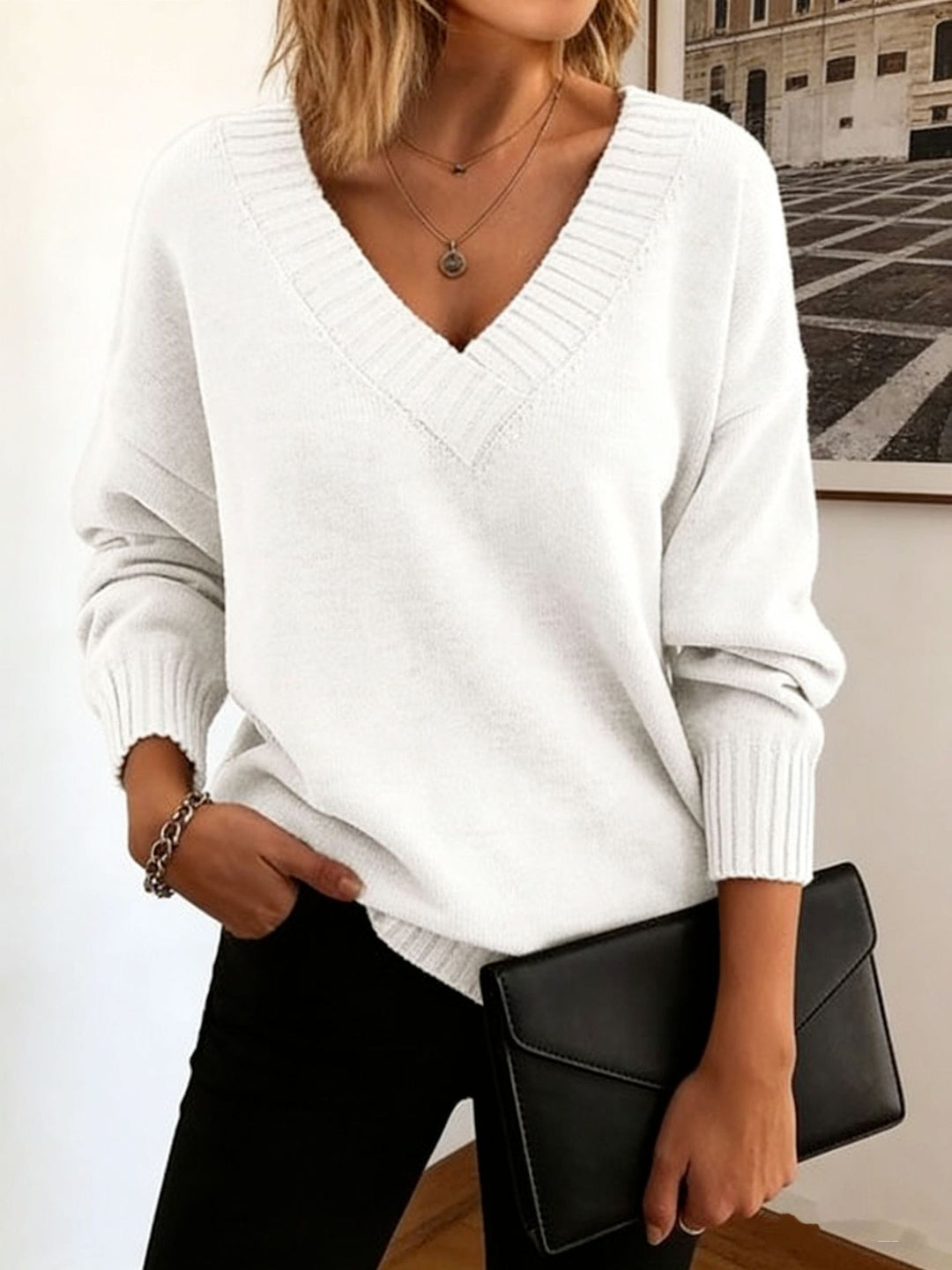 Women's fine knit sweater with deep V-neck and dropped shoulder Mune Fashion