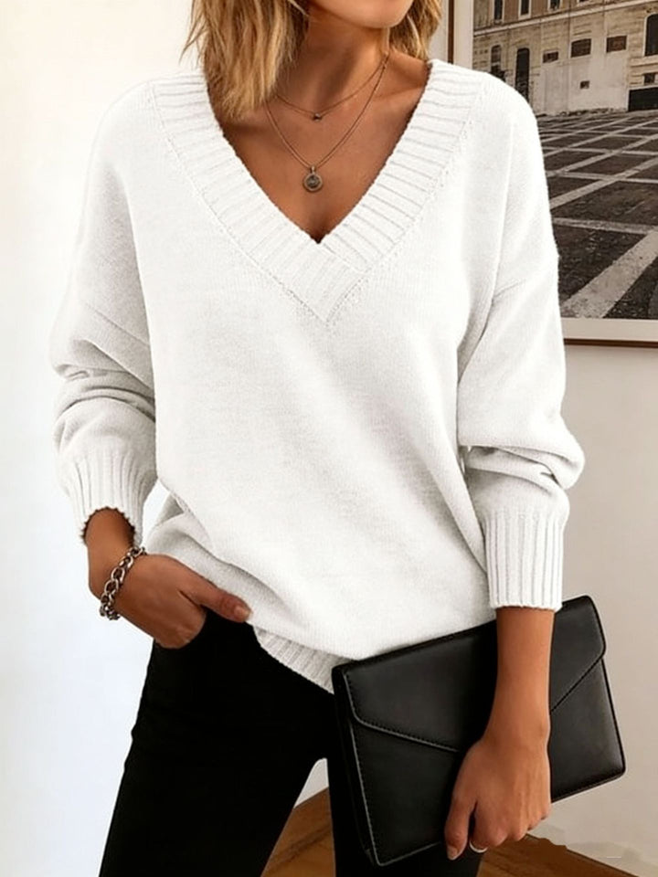 Women's fine knit sweater with deep V-neck and dropped shoulder Mune Fashion