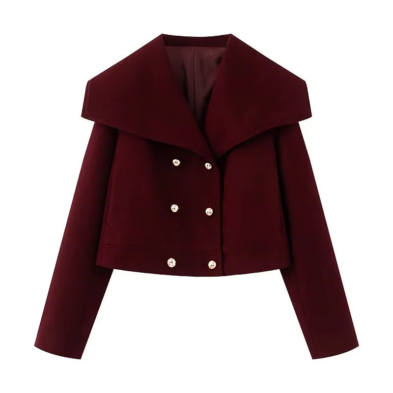 Women nan cropped navy-inspired short coat bomber jacket with oversized shawl collar and decorative double button placket Mune Fashion