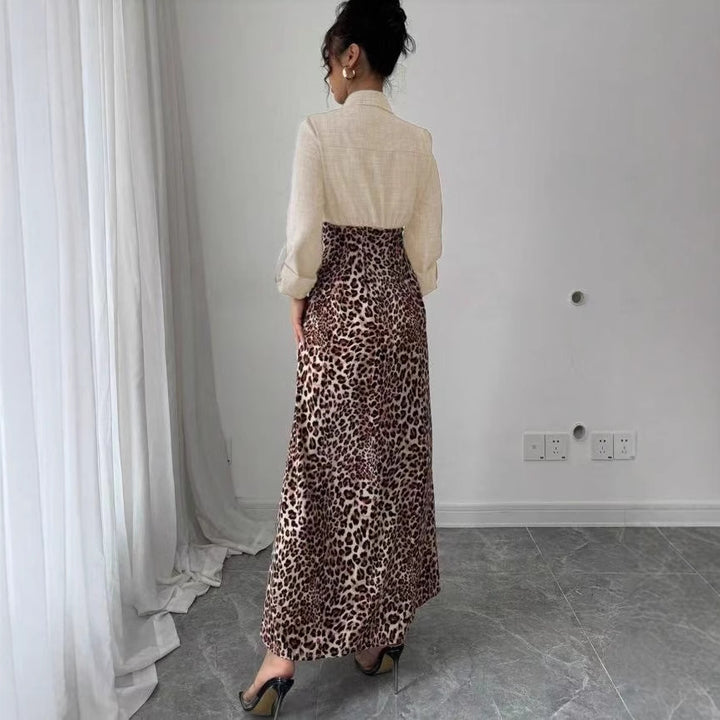 Women's Shirt Dress with Denim Top and Leopard Maxi Skirt Mune Fashion