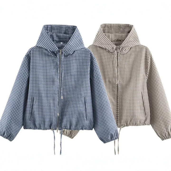 Women Checked Cropped Hoodie with Drawstring Hem and Two-Way Zip Mune Fashion