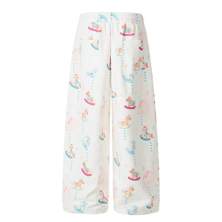 Women's Wide Palazzo Lounge Pants with Comfortable Waistband, Drawstring and Playful Rocking Horse Print Mune Fashion