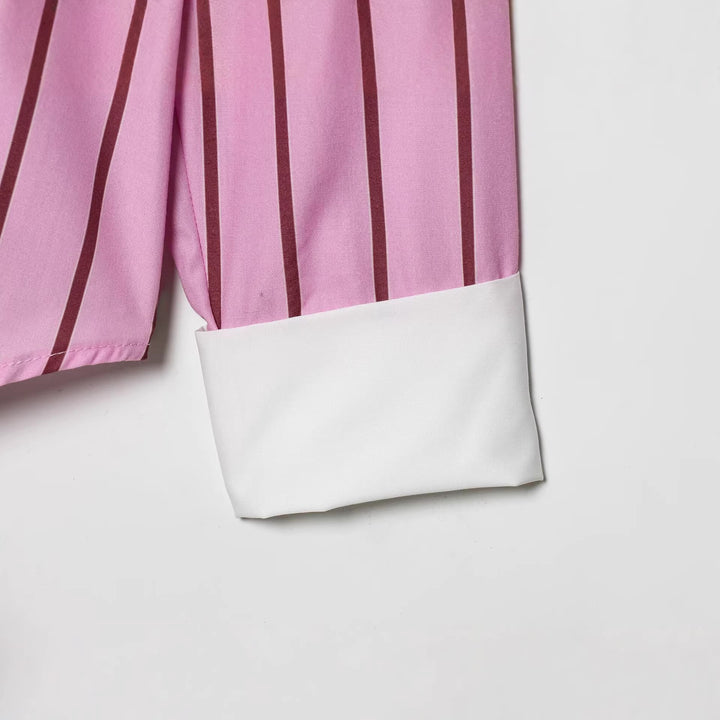 Women's Striped Silk Look Blouse with Contrast Collar Mune Fashion