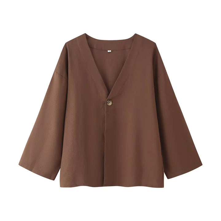 Women's casual two-piece set with V-neck blouse and wide waistband pants Mune Fashion