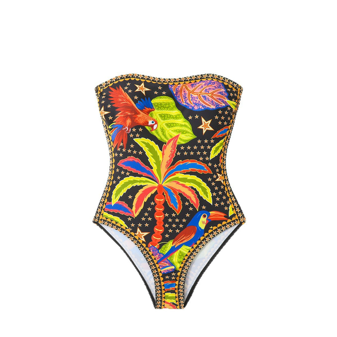 Women's One-Piece Swimsuit with Tropical Pattern and Deep Neckline Mune Fashion