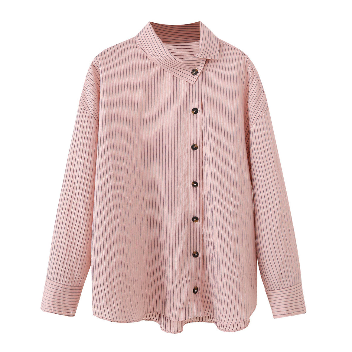 Women's Oversize Blouse with Stand-Up Collar, Fine Pinstripes and Continuous Button Placket Mune Fashion