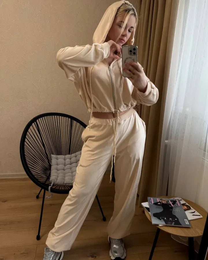 Women's Velvety Cropped Zip Hoodie Set with Drawstring Waist and Wide Lounge Sweatpants Mune Fashion