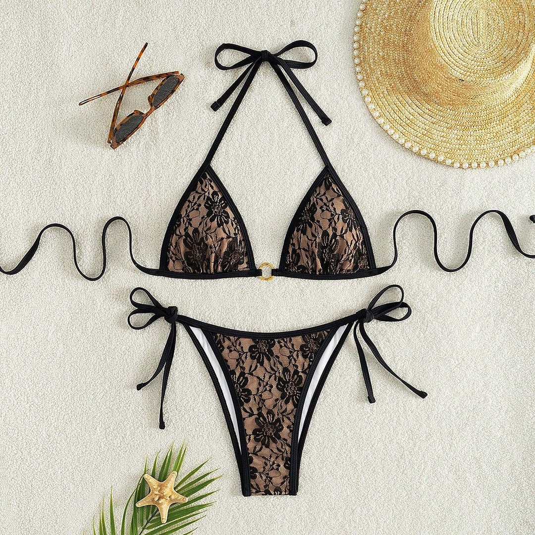 Women Lace Triangle Bikini with Refined Ties Mune Fashion