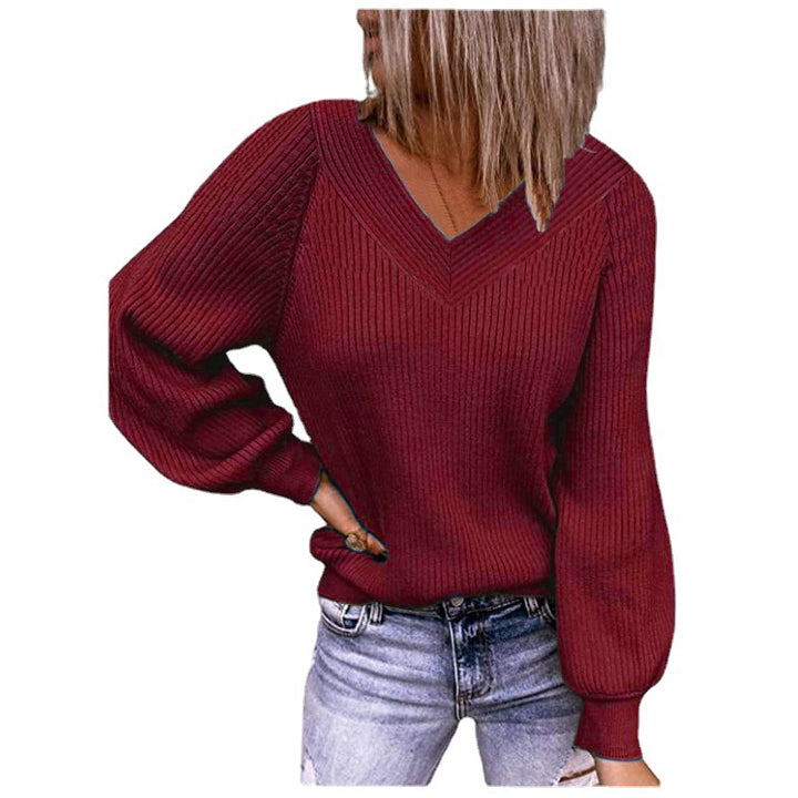Women Ribbed V-Neck Sweater with Balloon Sleeves and Casual Fit Mune Fashion