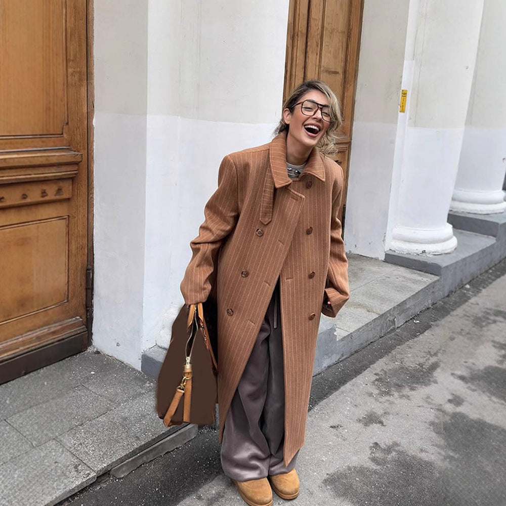 Women Double-Breasted Oversized Wool Blend Coat with Pinstripes and Loose Fit Mune Fashion