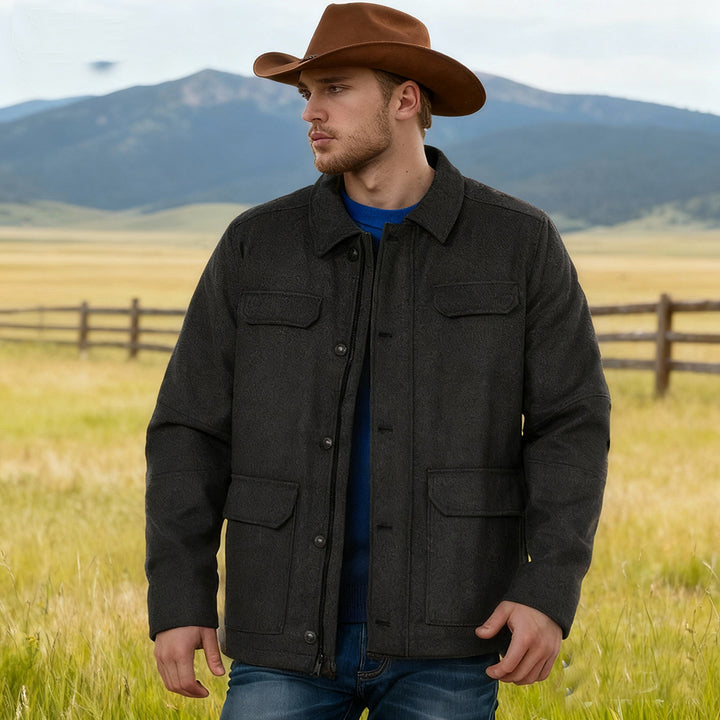 Men's Wool Blend Field Jacket with Flap Pockets, Full Button Placket and Shirt Collar Mune Fashion