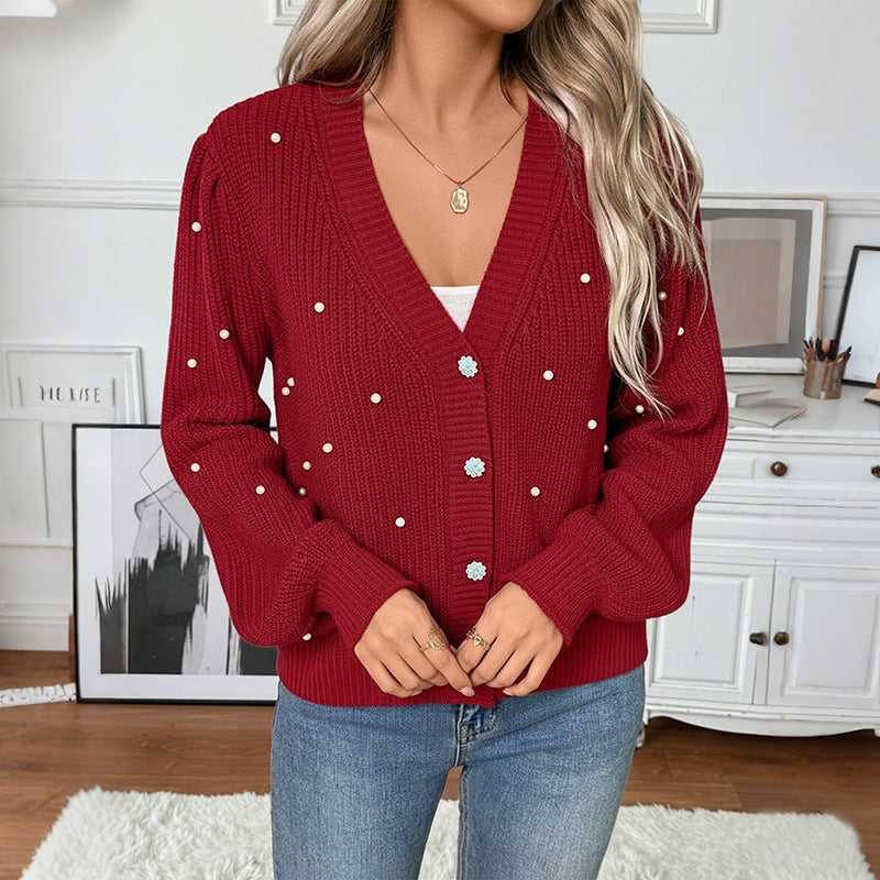 Women Pearl-Embellished Chunky Knit Cardigan with V-Neck Mune Fashion